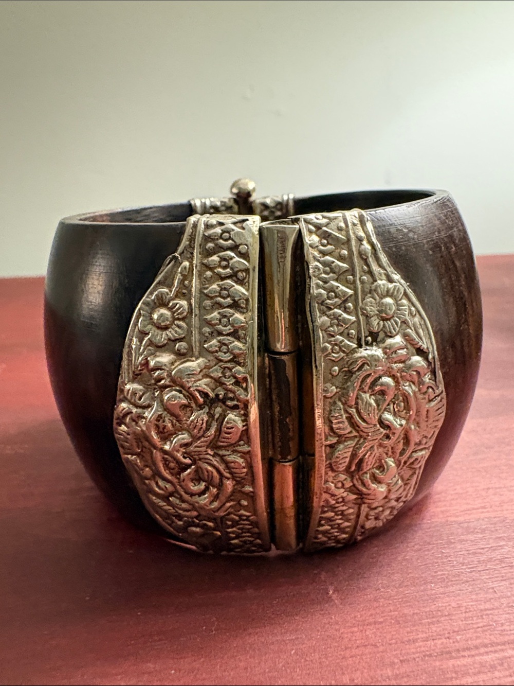 Ornate Silver-Accent Dark Brown Wood Cuff Bracelet